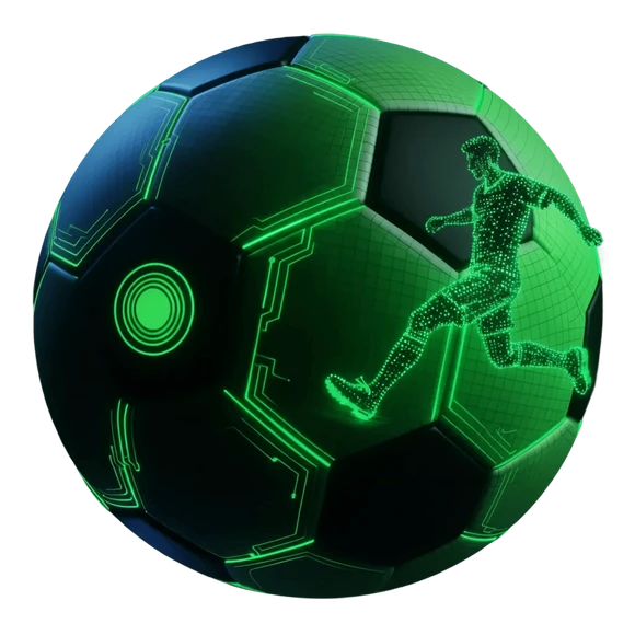 A football rendered as a green wireframe pitch with a striking player