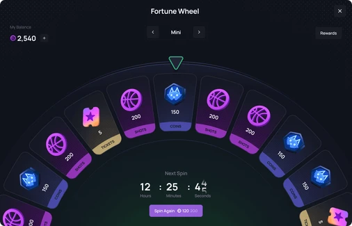Ballgame's Fortune Wheel with its reward tiers and spin timer