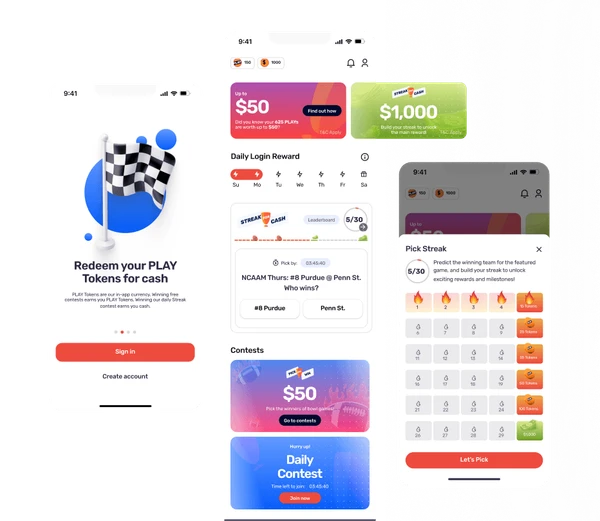 Mobile screens showing daily login rewards, pick streaks and contests