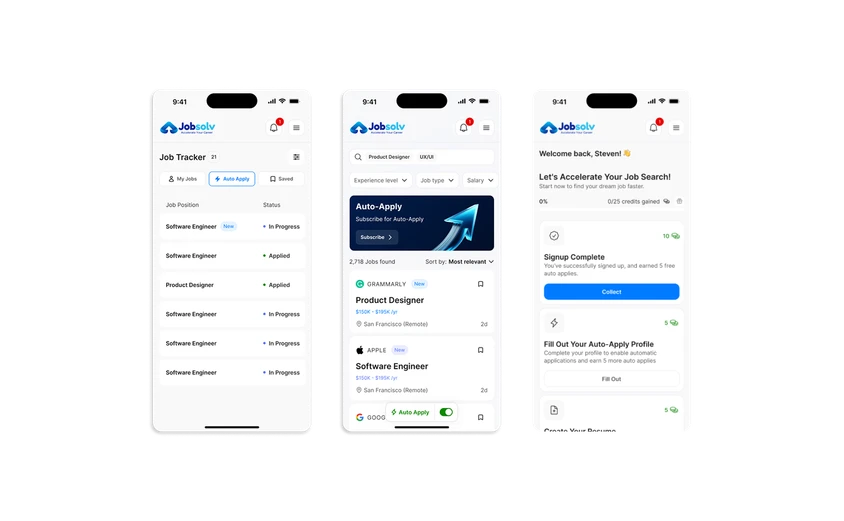 Jobsolv screens: a job tracker, auto-apply search and onboarding rewards