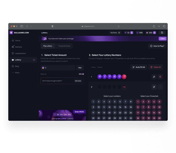 Lottery ticket selection interface with number picker