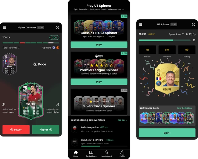 FUTBIN mini-games: a card spinner, a Higher or Lower round and a pack opening