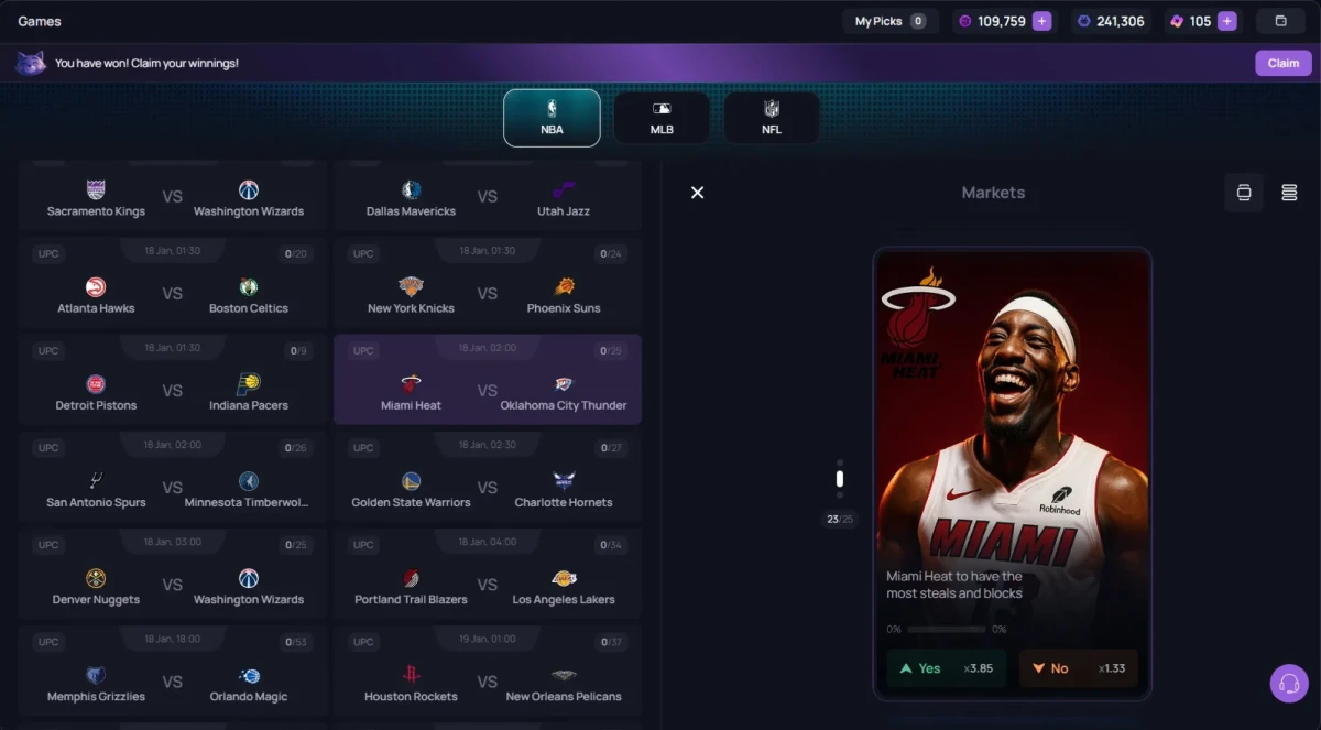 Ballgame games board listing NBA fixtures beside a Miami Heat prediction card