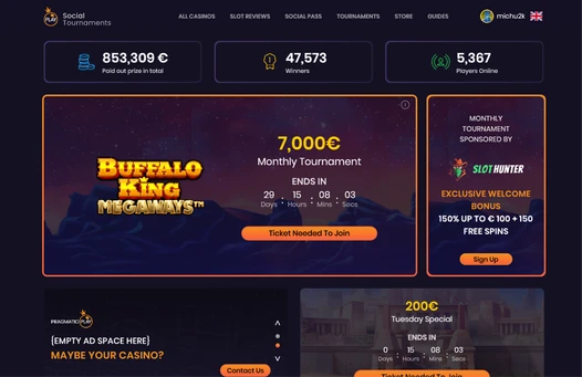 Social Tournaments dashboard with a Buffalo King Megaways prize pool
