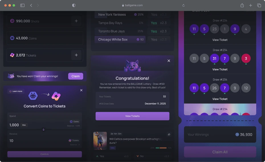 Ballgame coin conversion, winning ticket and claim screens