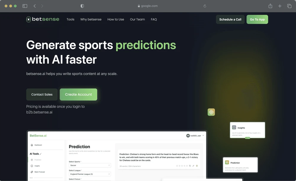 Betsense landing page: generate sports predictions with AI faster