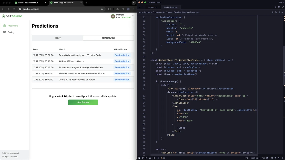 The Betsense predictions panel beside its Next.js source