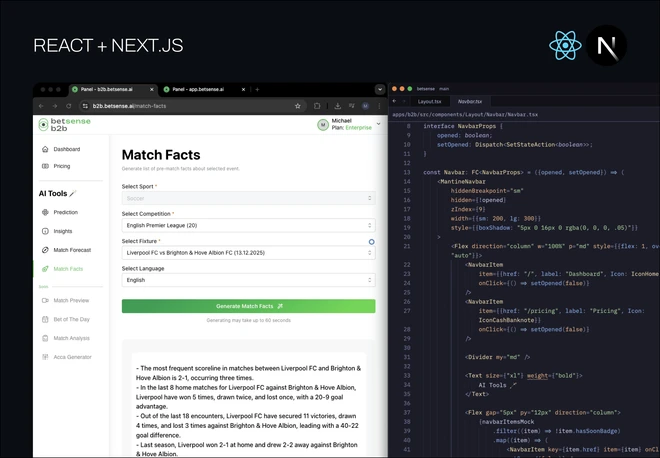React and Next.js match facts screen alongside its source code
