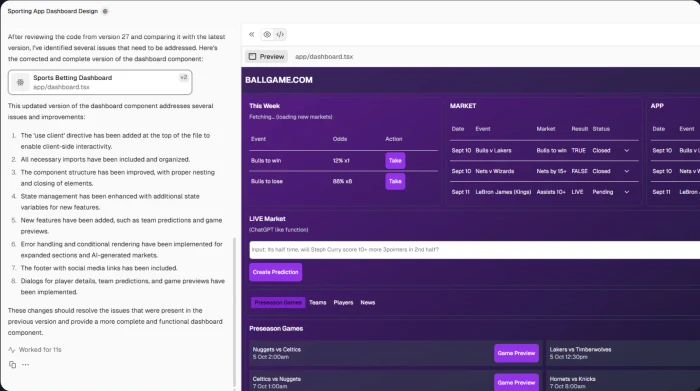 Vercel v0 generating the Ballgame sports betting dashboard