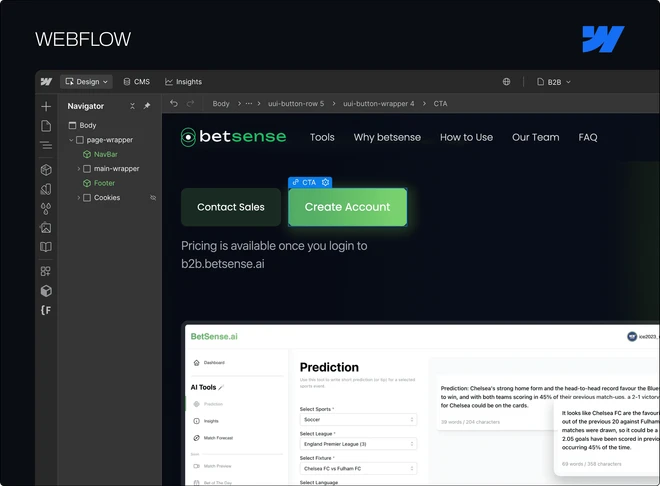 Webflow editor building the Betsense marketing site