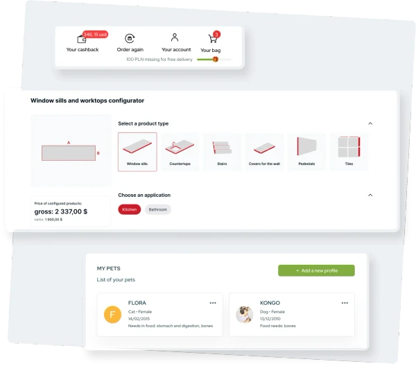 Custom store components: a cashback panel and a product configurator